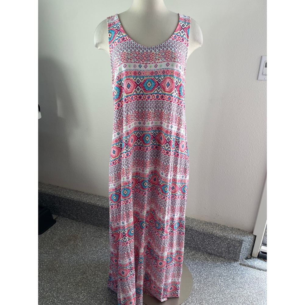Fresh Produce Womens XL Pink Blue Geometric‎ Sleeveless Maxi Dress Pockets USA